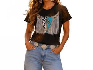 NEW L&B LIFE fringe steer skull graphic tee in black
